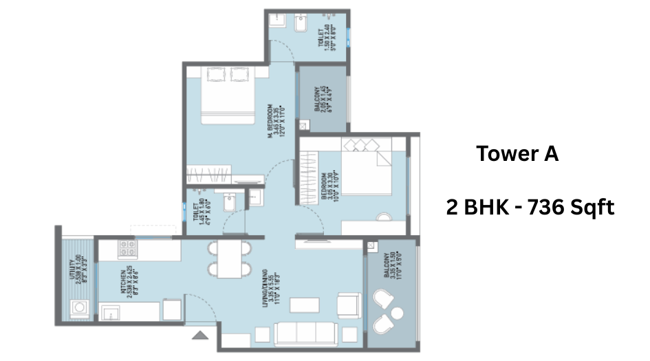 JN-AA-Privilege-Floor-Plan- Tower- A- 2 BHK - 736 Sqft